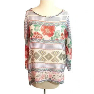 {Bobeu} Southwestern Rose Print Sheer Top